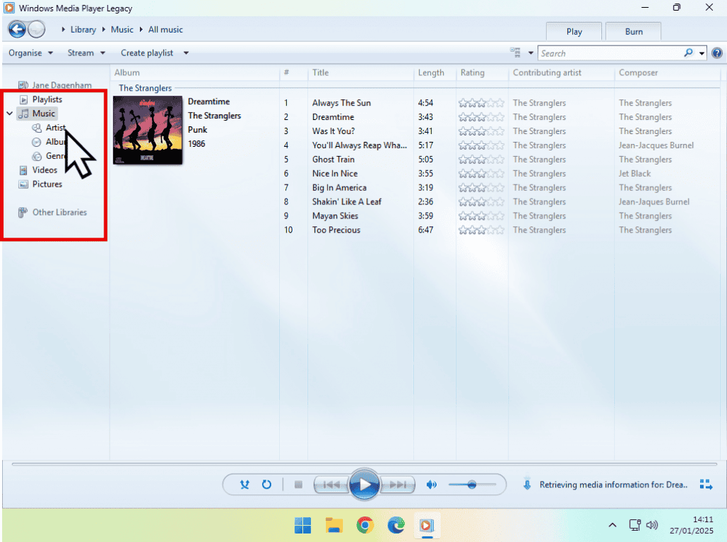 The Music tab is highlighted in Windows Media Player.