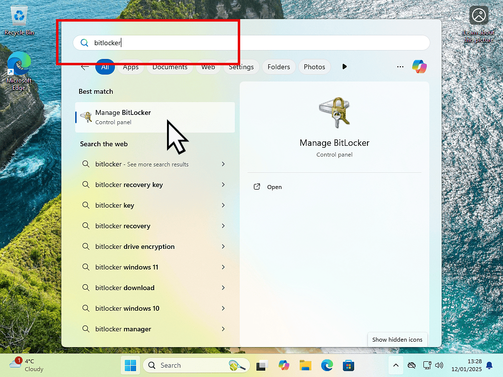 Searching for BitLocker from the Windows Start menu.