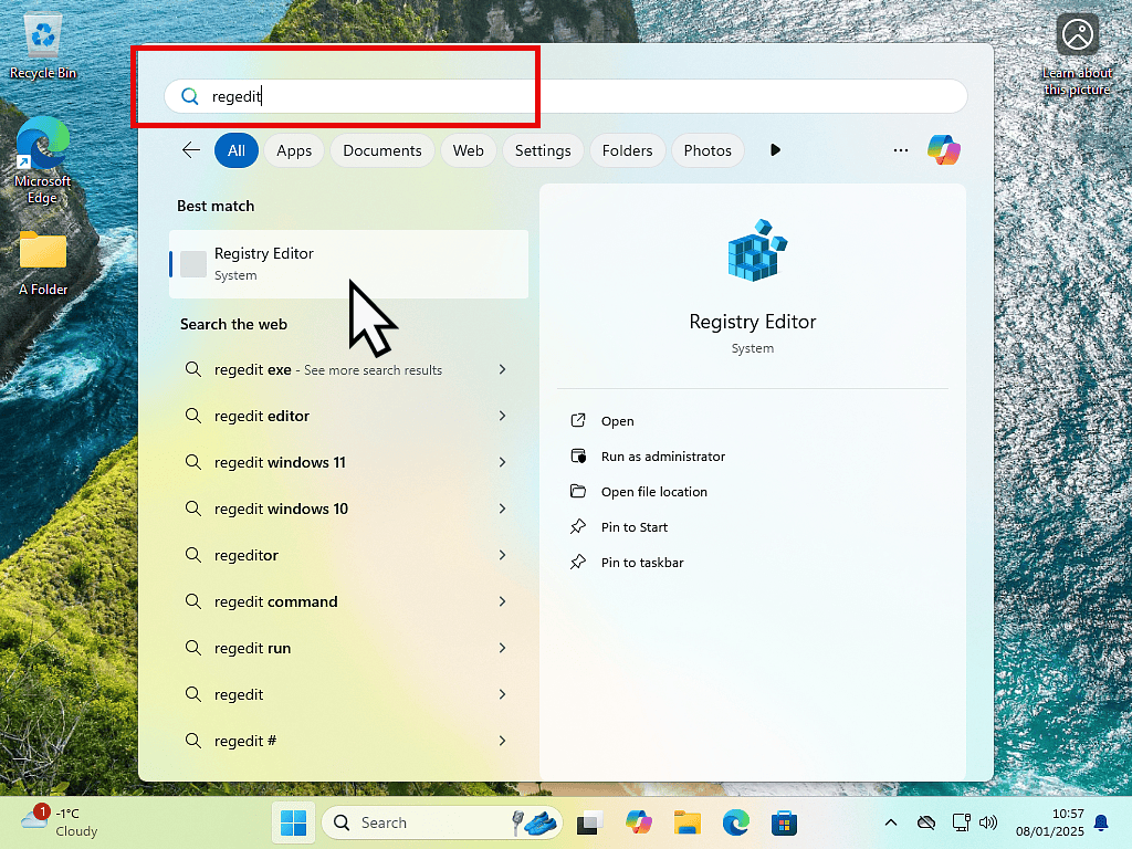 Opening the Windows registry editor to restore the old style context menu to Windows 11.