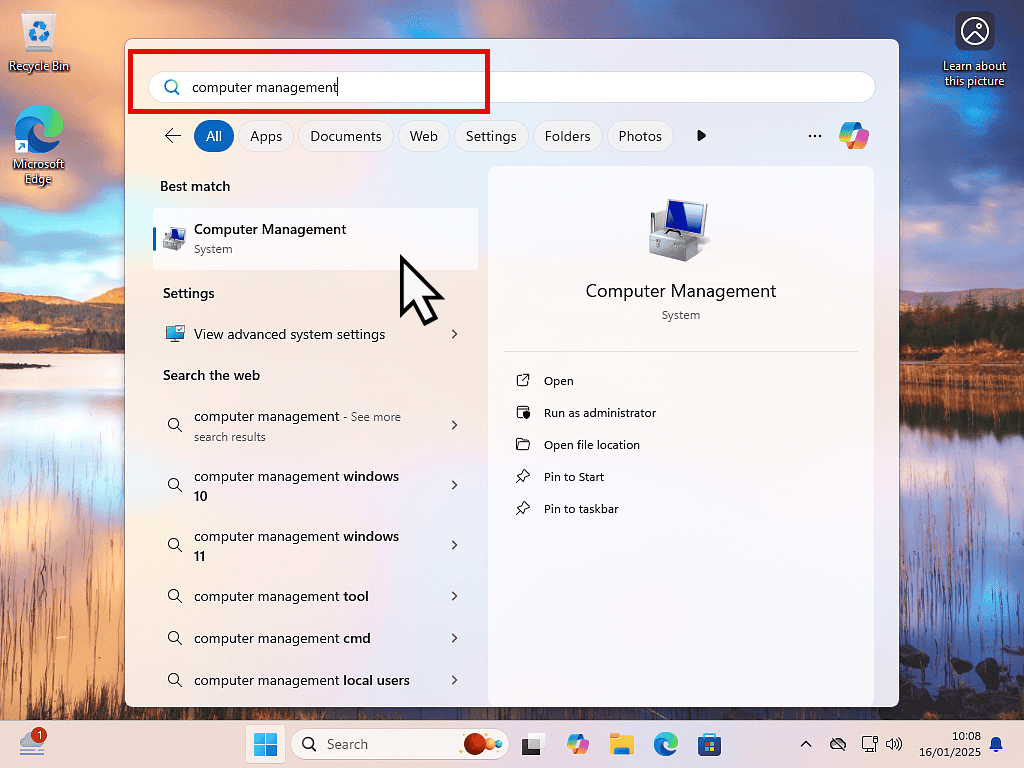 Searching for Computer Management from the Windows Start menu.