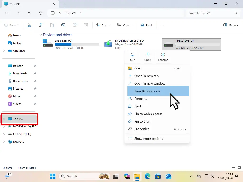 Turn on BitLocker for external USB drive.