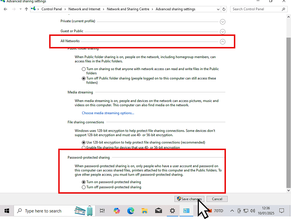 Enabling Password Protected Sharing in Windows 10.