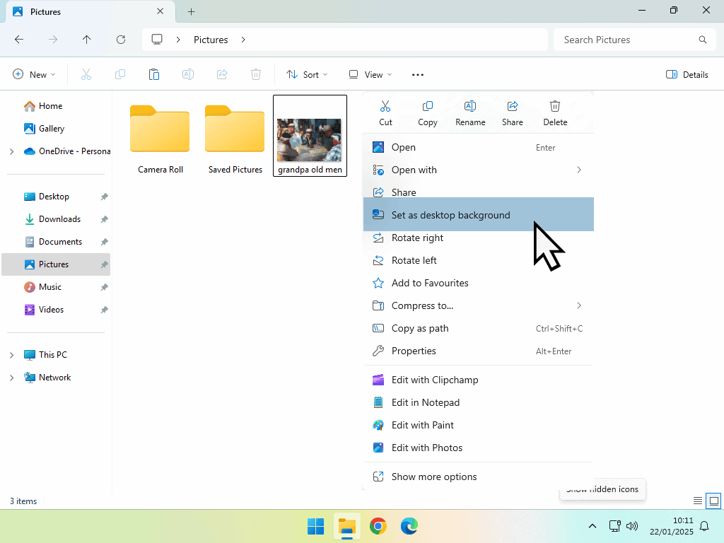 An image has been right clicked and the option to "Set as desktop background" is highlighted.
