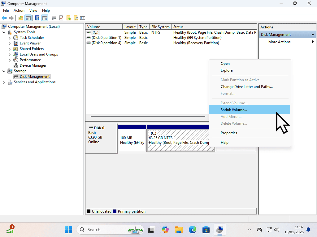 Shrink a current partition to create space for a new partition.
