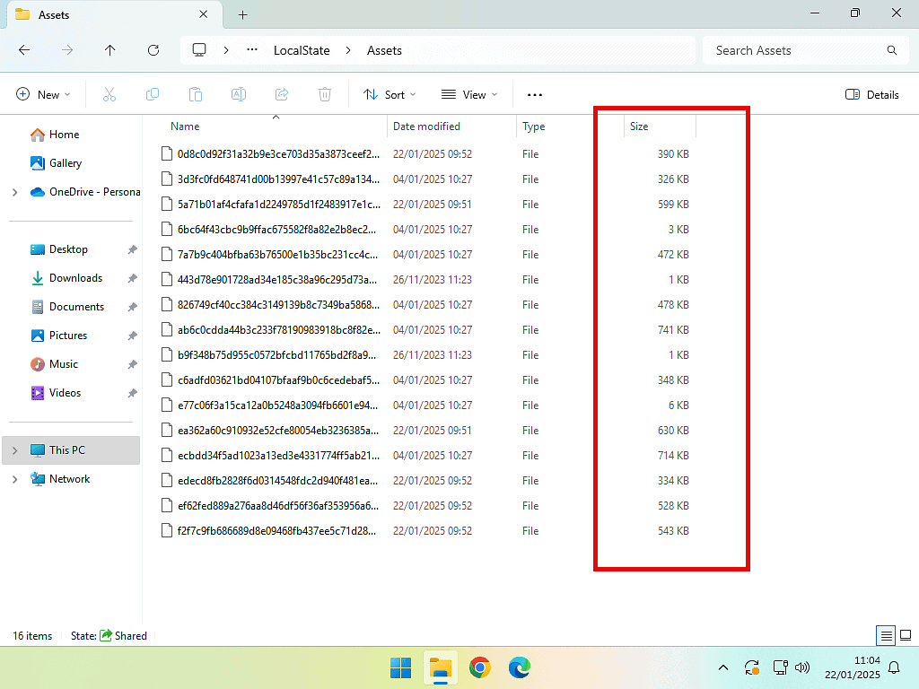 Windows Spotlight folder. File seizes are highlighted.