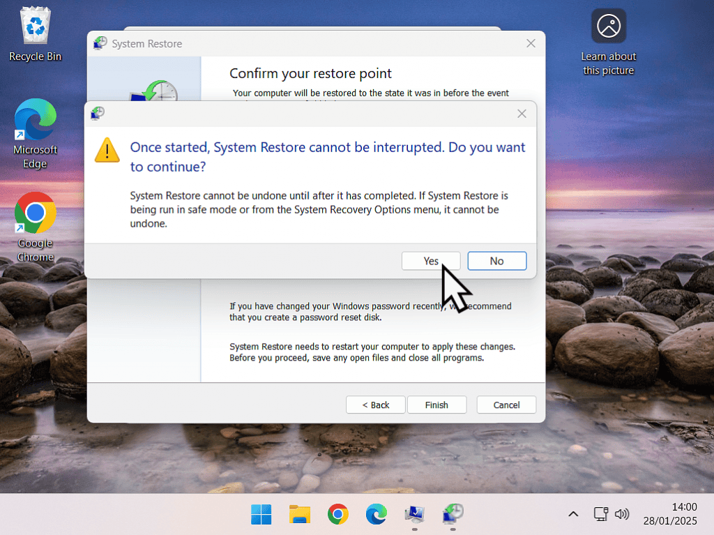 "Once started, System Restore cannot be interrupted. Do you want to continue" warning.