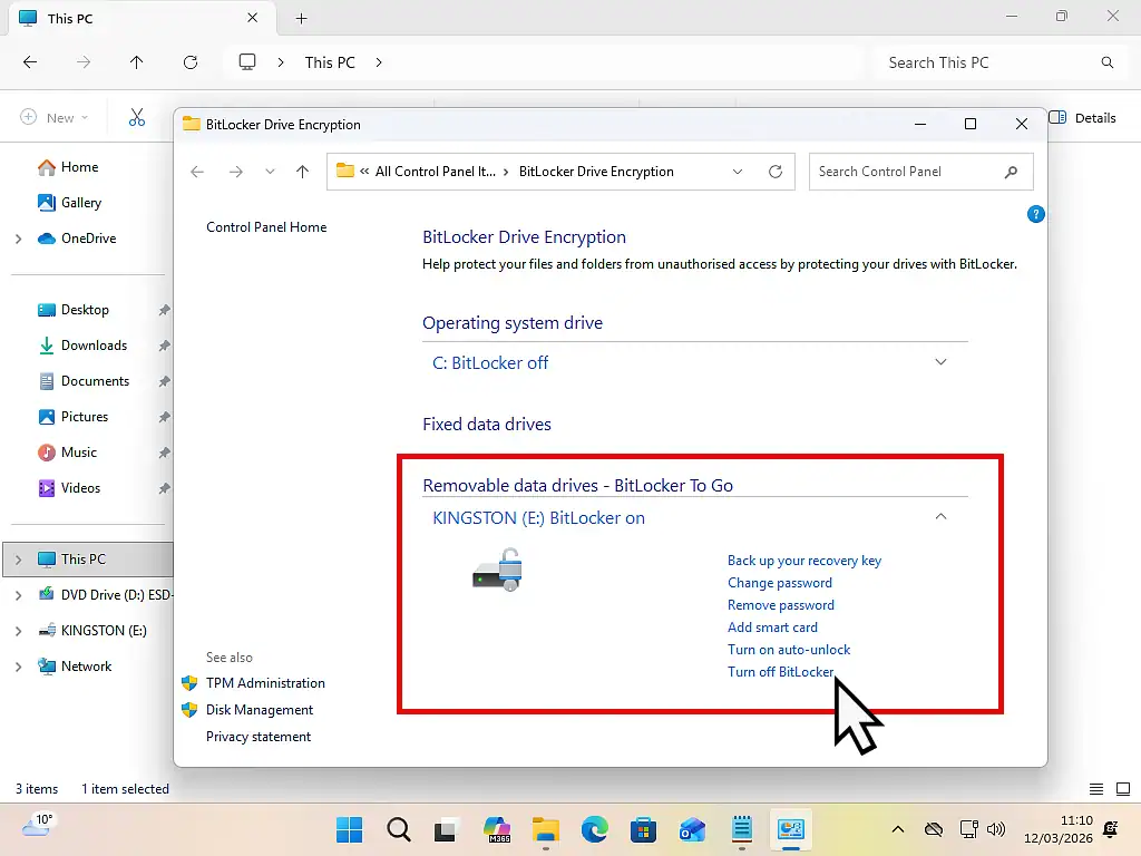 Turn off BitLocker To Go when it's no longer needed to protect a flash drive.