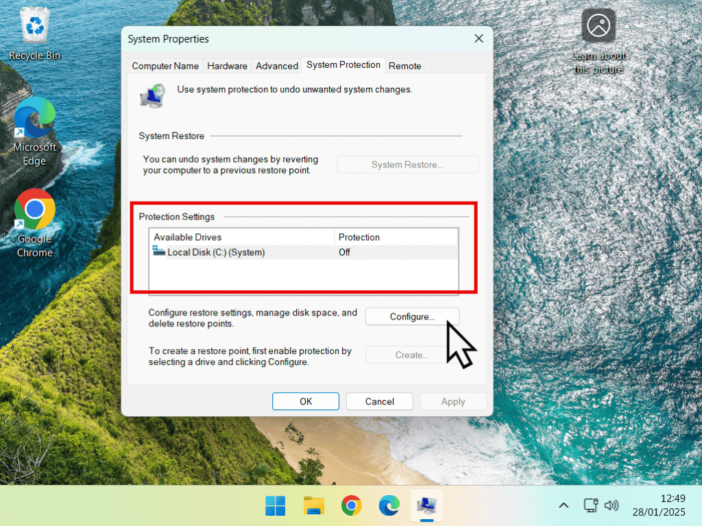 System Properties window. System protection is currently turned of. Configure button is marked.