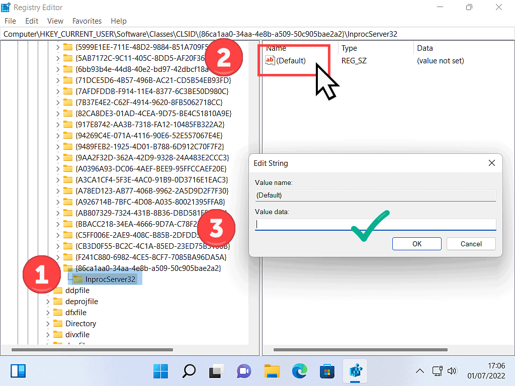 Opening the Edit String box to check that the value Data is blank.