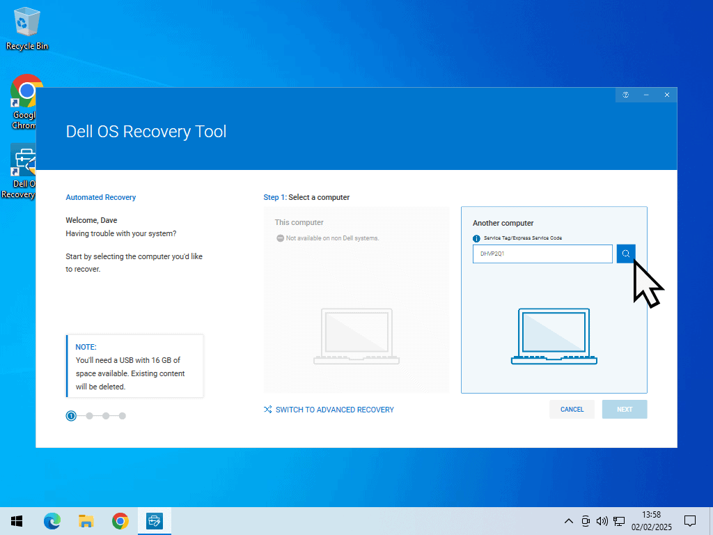 Enter a service tag into Dell OS Recovery Tool.