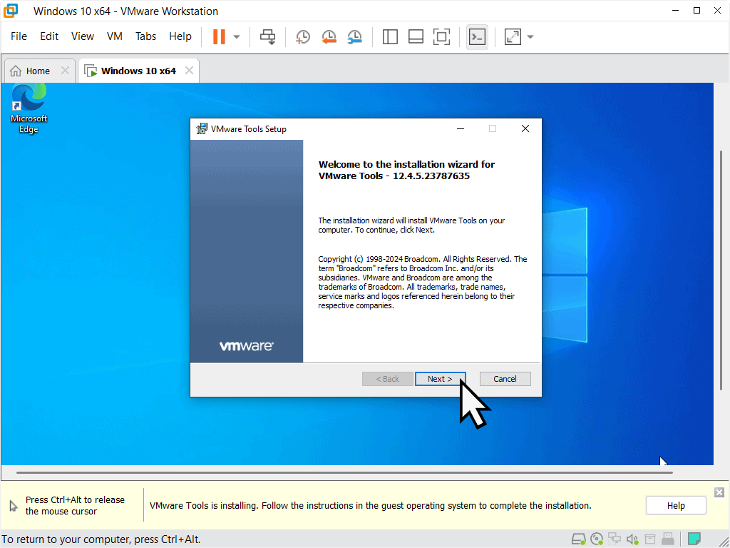 Install wizard for VMware Tools in a Windows 10 VM.