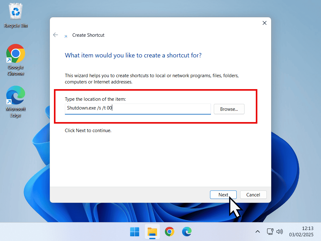 Creating a shutdown shortcut in Windows 11.
