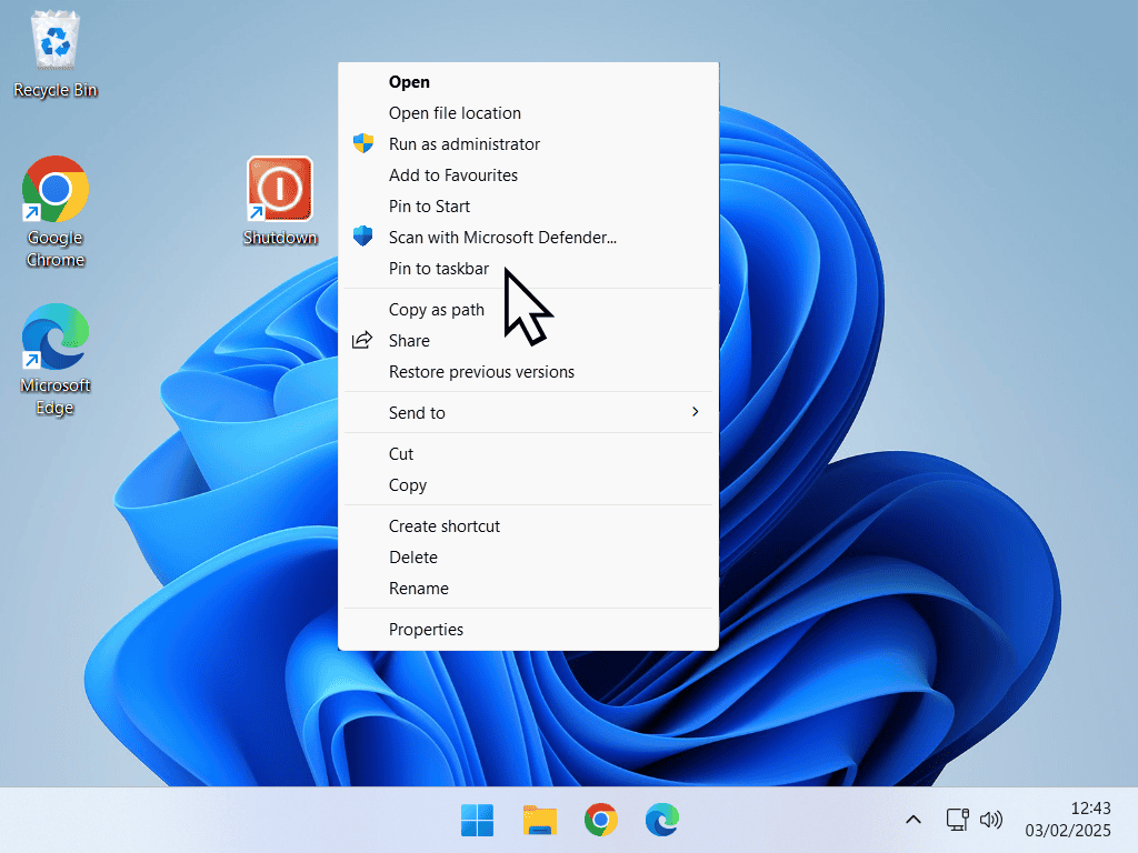 Pinning the shutdown shortcut to the taskbar in Windows 11.