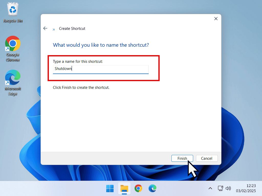 The shortcut has been named Shutdown.
