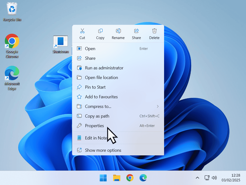 Properties option selected on context menu in Windows 11.