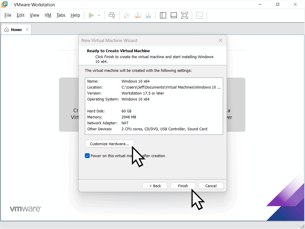 Customise virtual hardware.