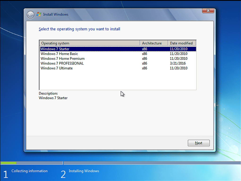 Windows 7 setup screen. Choose which edition of Windows to install.