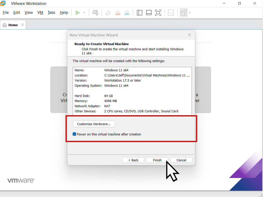Windows 11 virtual machine settings confirmation.