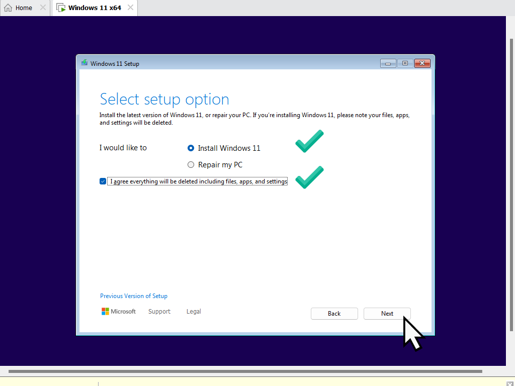 Windows 11 setup screen on virtual machine