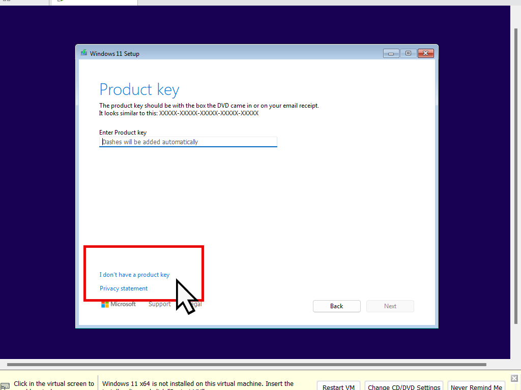 "I don't have a product key" link is highlighted