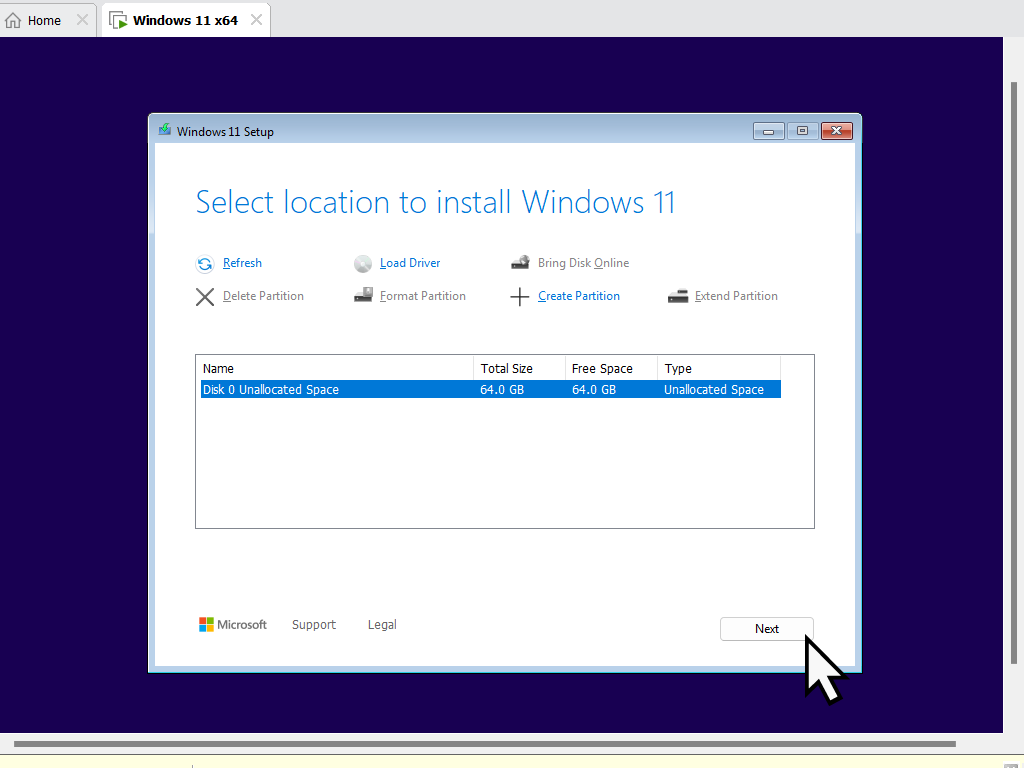 Select location to install Windows 11