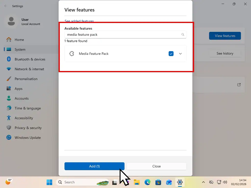 Searching for and installing the Media Features Pack in Windows 11 N.