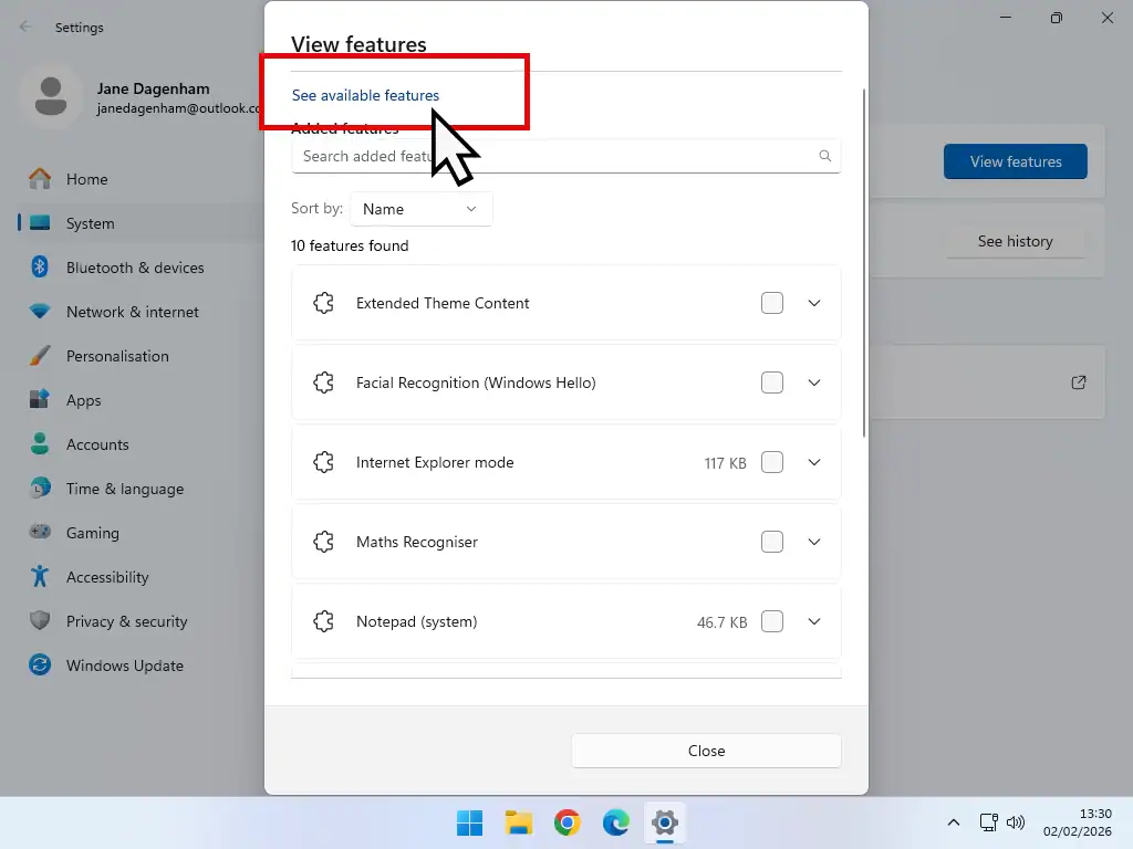 Selecting "See available features" to install Windows Media Player on Windows 11.
