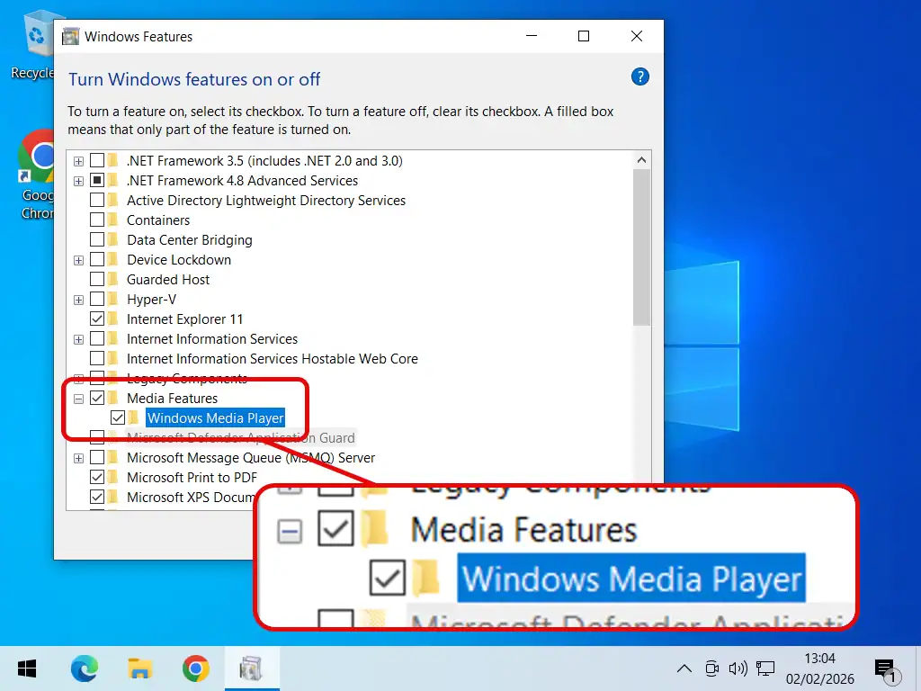 Installing Windows Media Player on Windows 10.