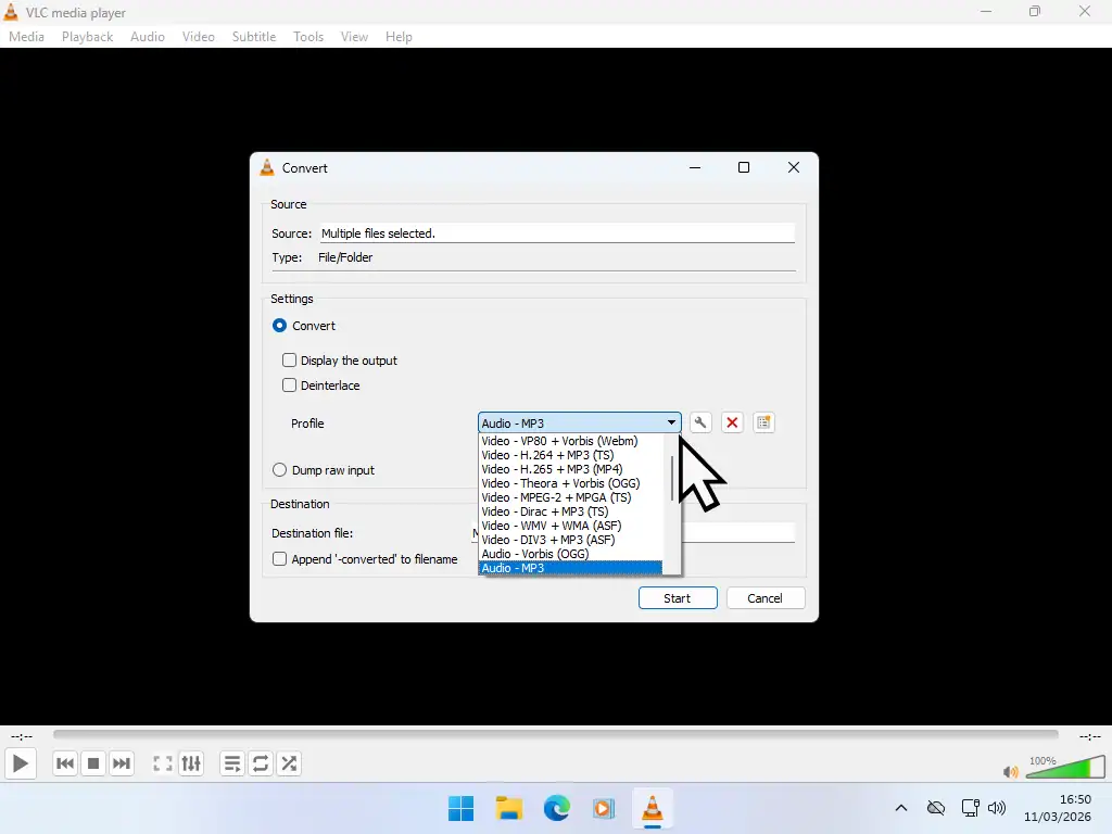 Selecting MP3 as the new format.
