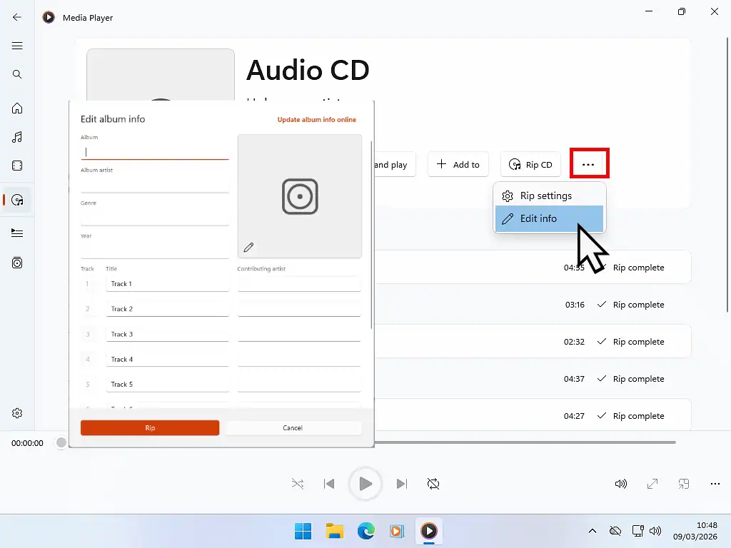 Add missing album info to ripped CDs in Media Player app.