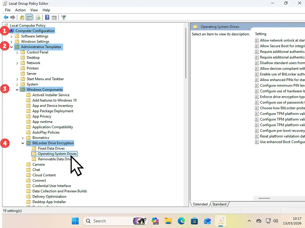 Enabling "Allow BitLocker without a compatible TPM" in Group Policy Editor.