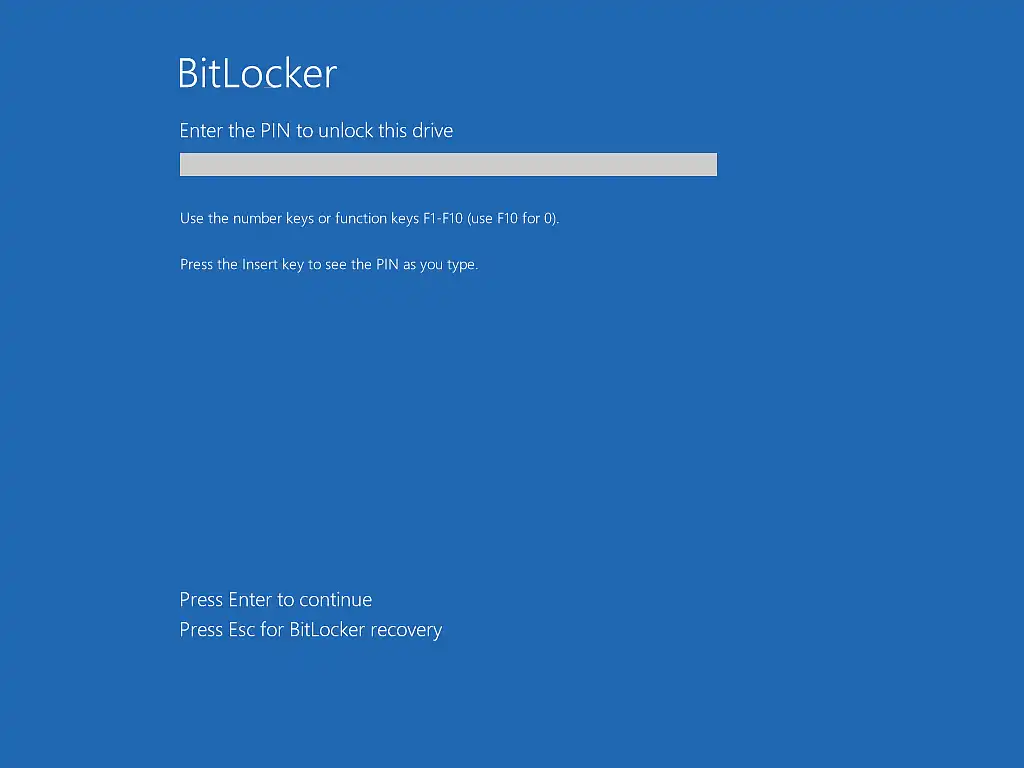 BitLocker requiring a PIN to unlock the drive.
