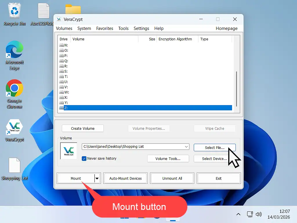 Mounting a locked volume/folder in VeraCrypt