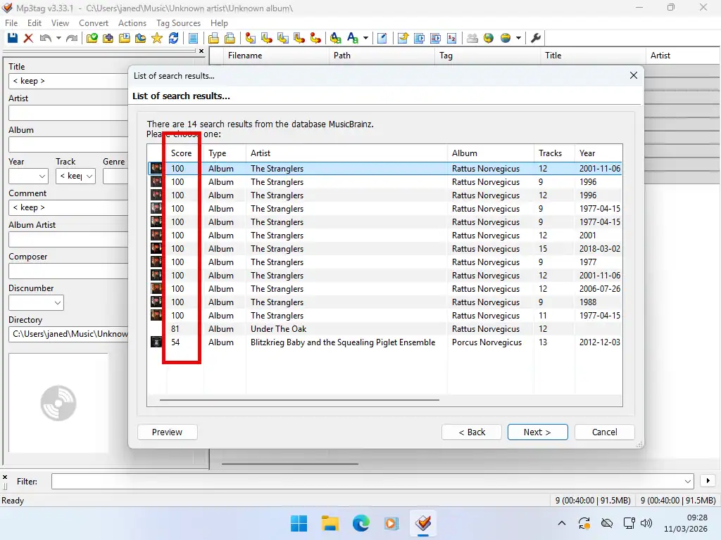 Mp3tag search results