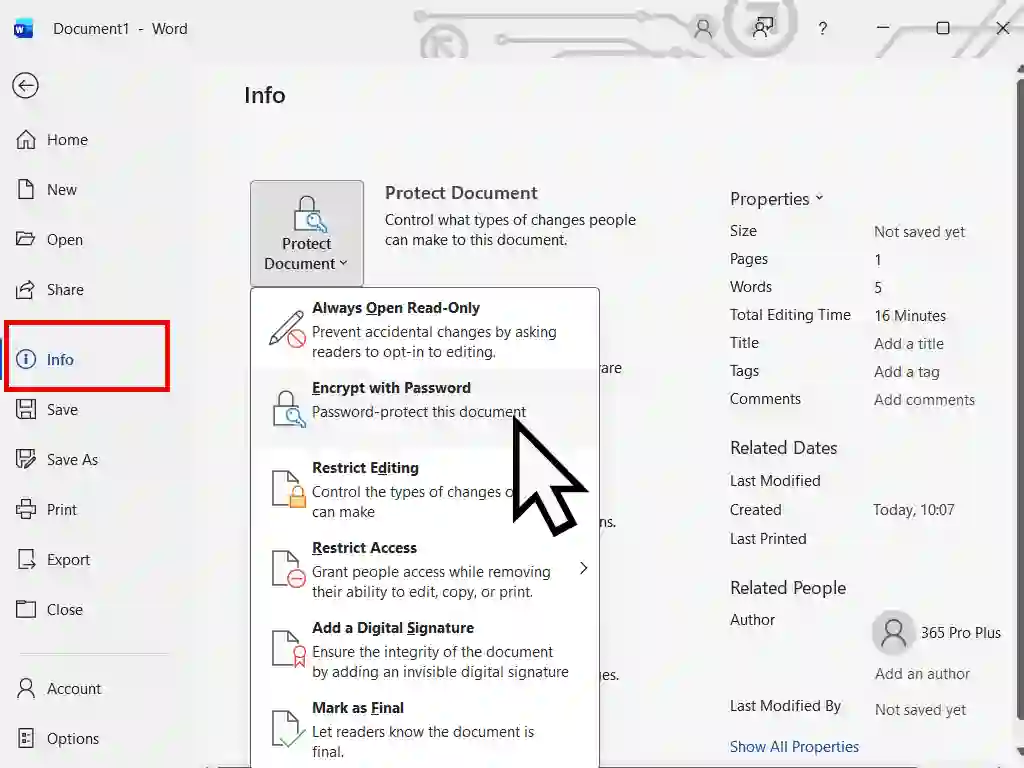 Adding password protection to a Word document.