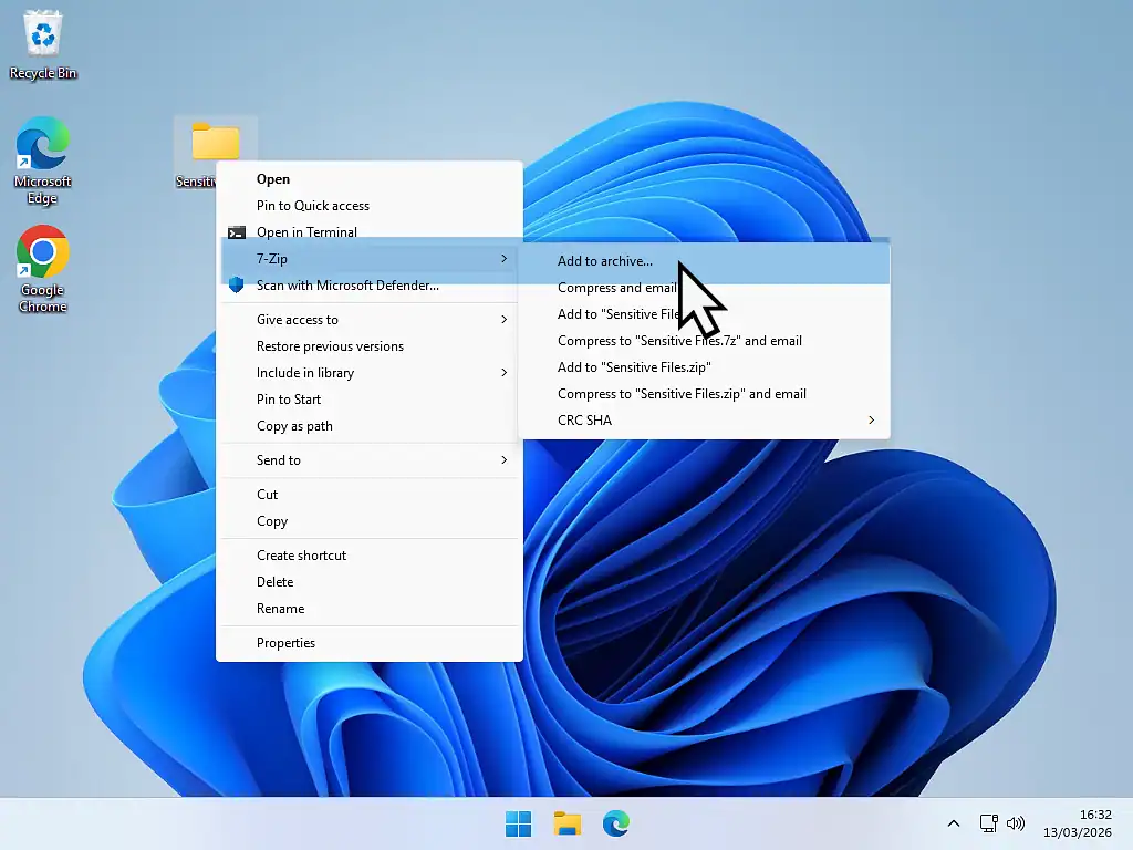 Adding a folder to 7-Zip archive to password protect it.