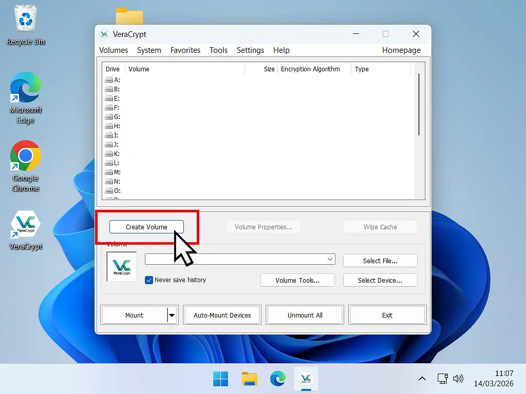 Creating a password protected volume in VeraCrypt