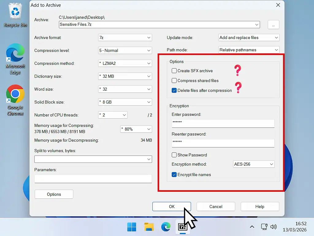 Password and encryption settings for zipped folder.