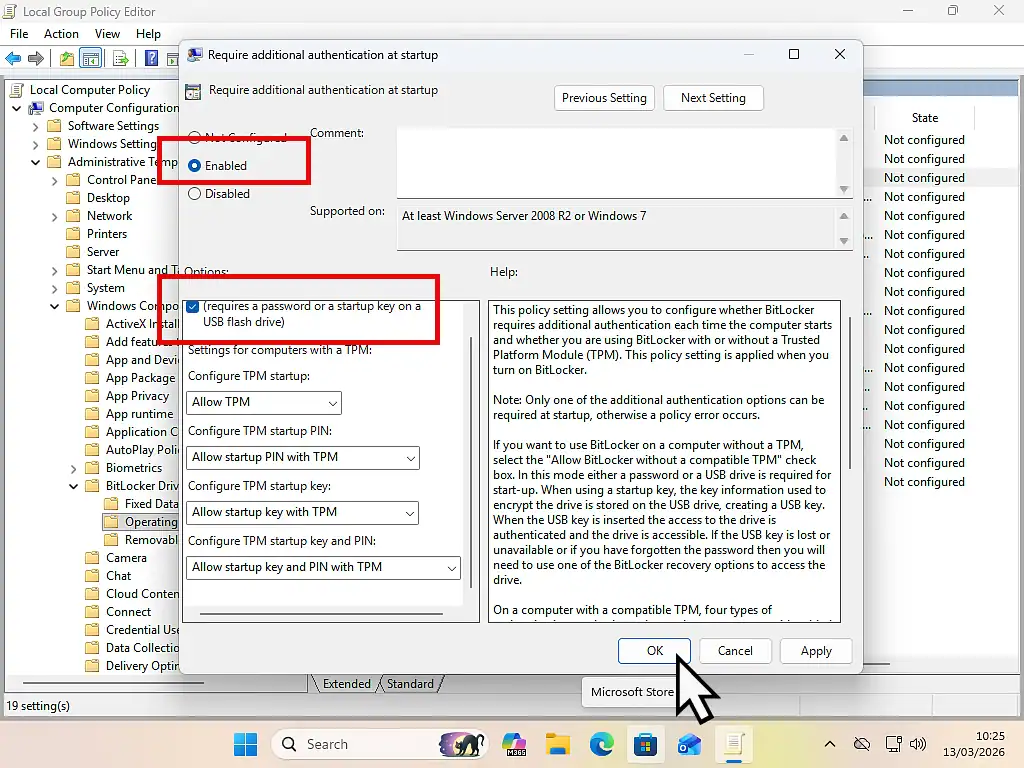Requiring additional authentication for BitLocker.