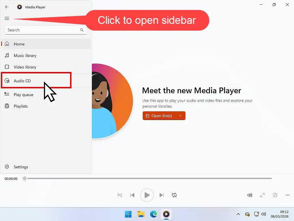 Rip CD with Media Player app.