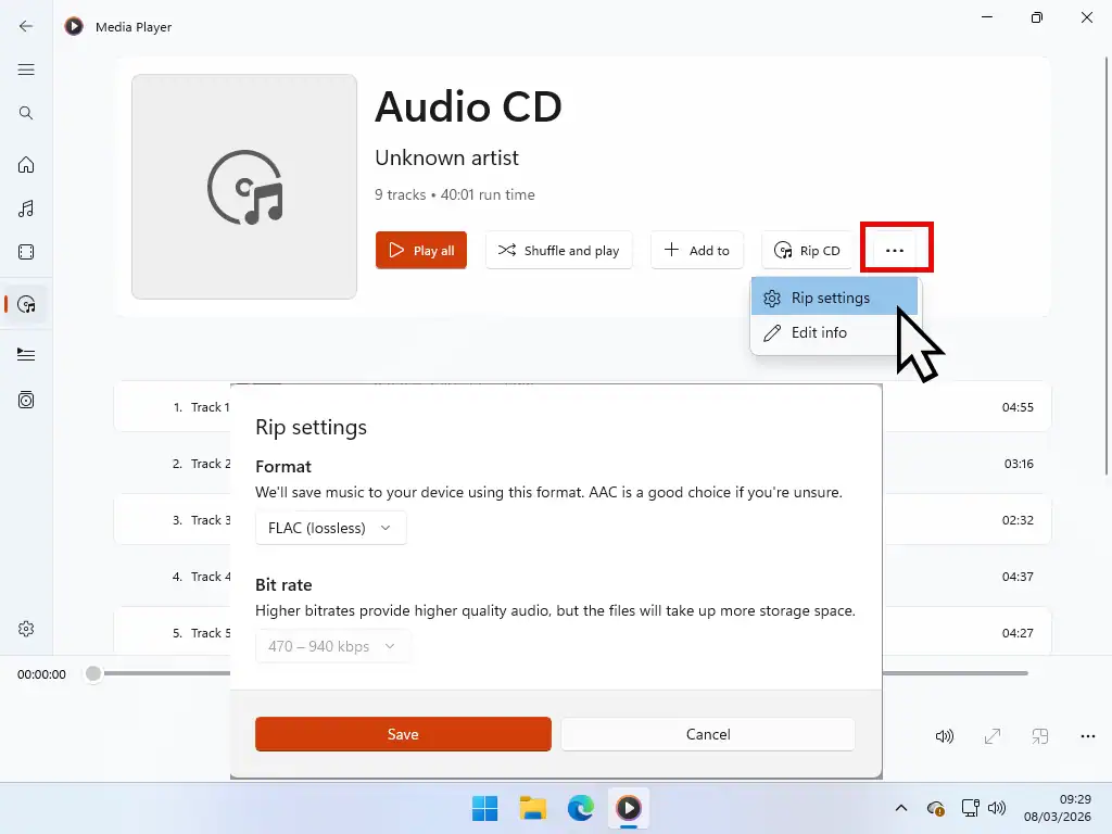 Changing the CD rip settings in Windows Media player app.