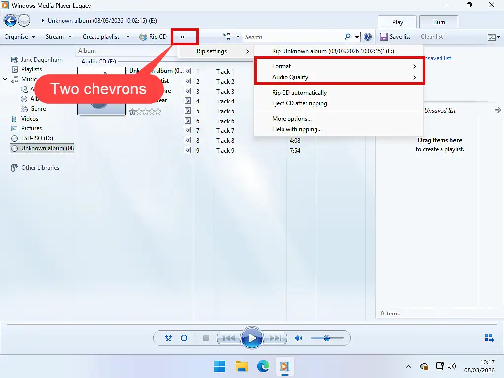 Ripping a music CD in Windows Media Player Legacy. Rip settings are indicated.