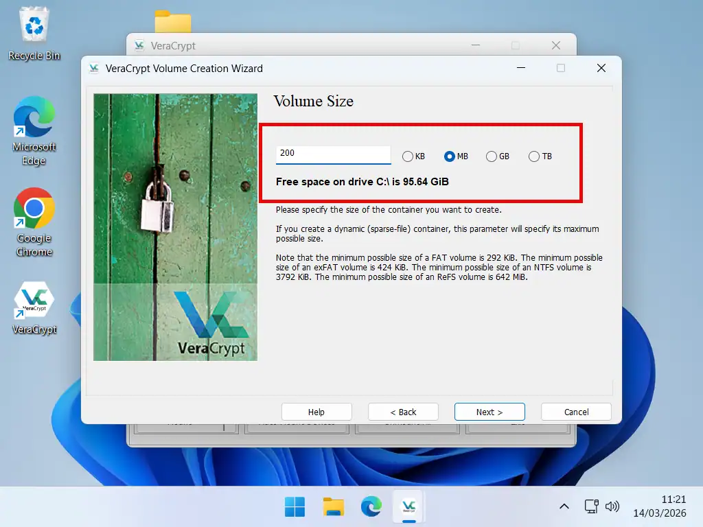 The password protected folder will need to fit inside your new volume so make sure that you leave space for it.